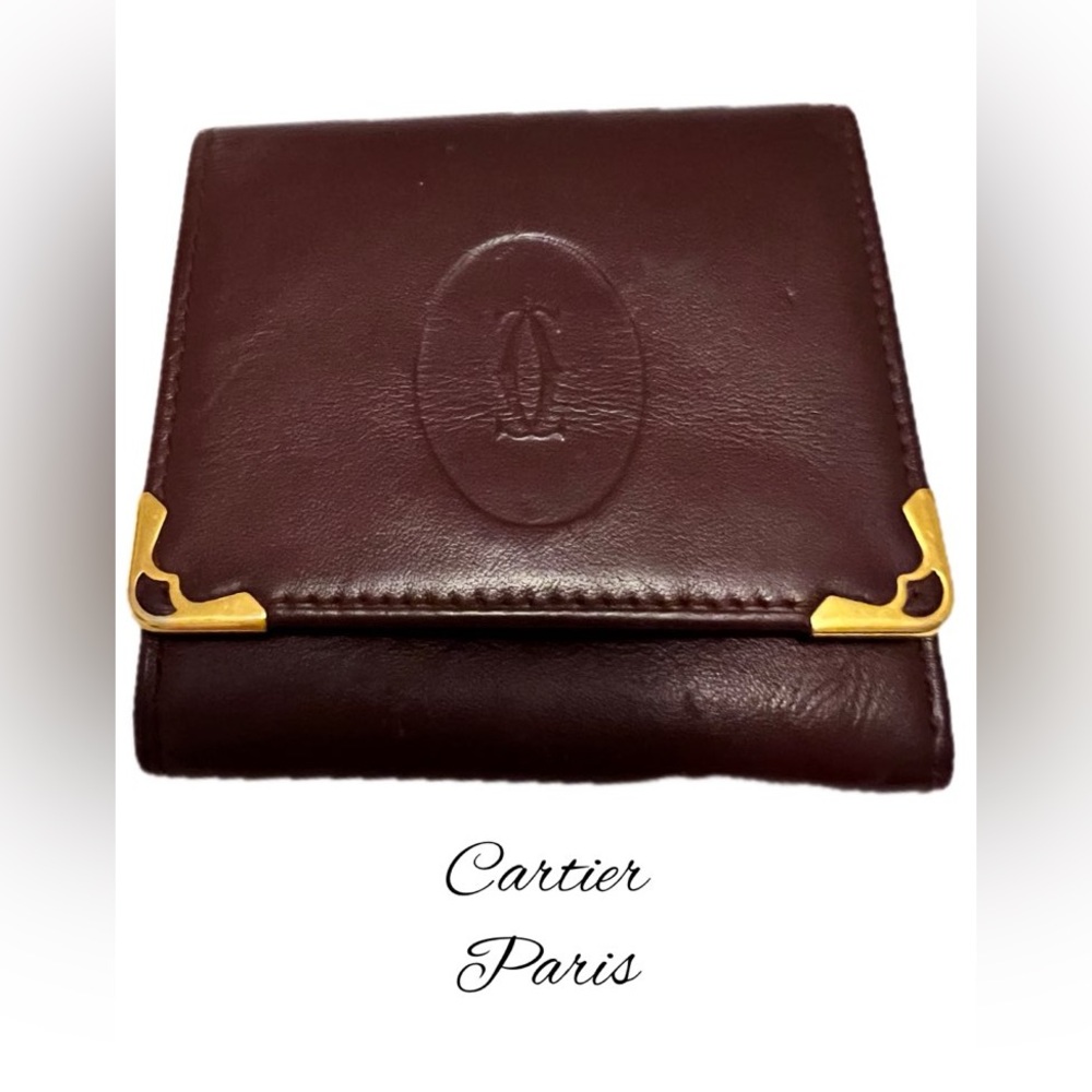 Vintage Cartier Dark Maroon Leather Wallet with Gold Details